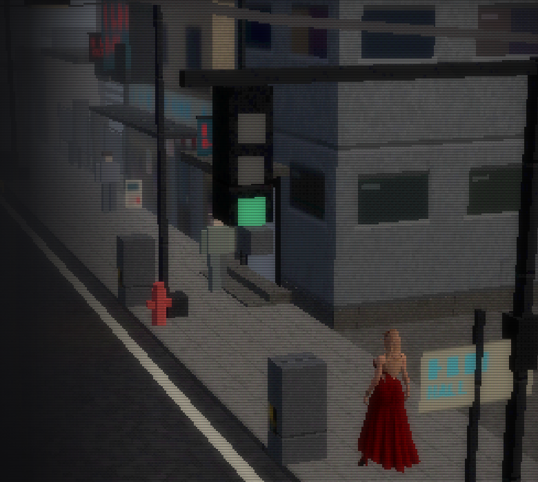 A capture of the homepage world: a low-polygon street with Constantia walking