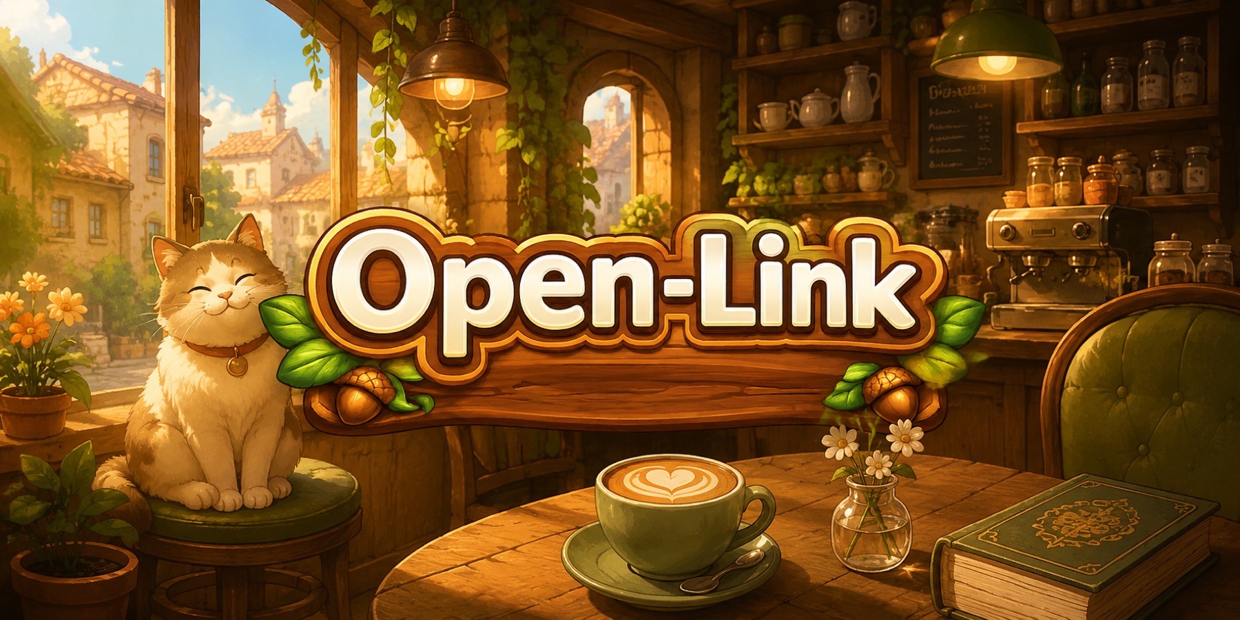 Open-Link logo above a coffee cup in a warmly lit café